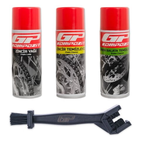 GP Kompozit BKM01 Motosiklet Bakım Seti (Zincir Temizleyici + Zincir Yağı + Balata Spreyi + Zincir Temizleme Fırçası)