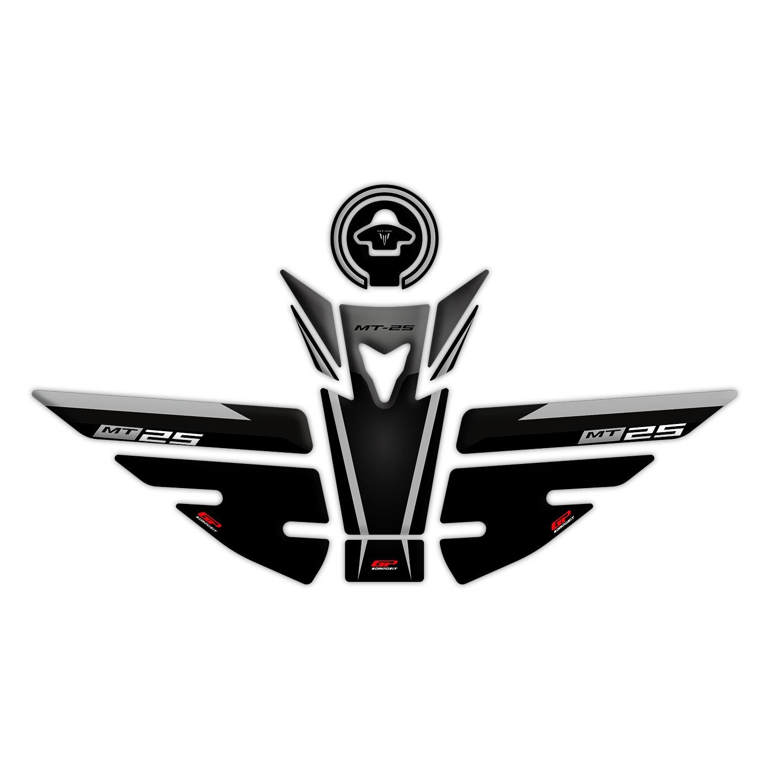 GP Kompozit Yamaha MT-25 2015-2019 Uyumlu Tank Pad Seti Siyah-Gri