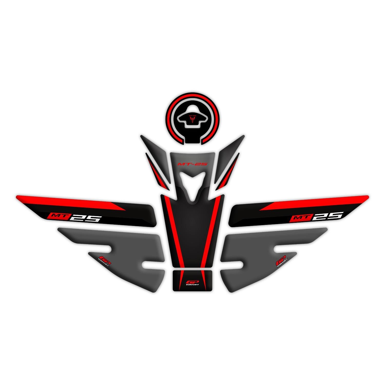 GP Kompozit Yamaha MT-25 2015-2019 Uyumlu Tank Pad Seti Siyah-Kırmızı
