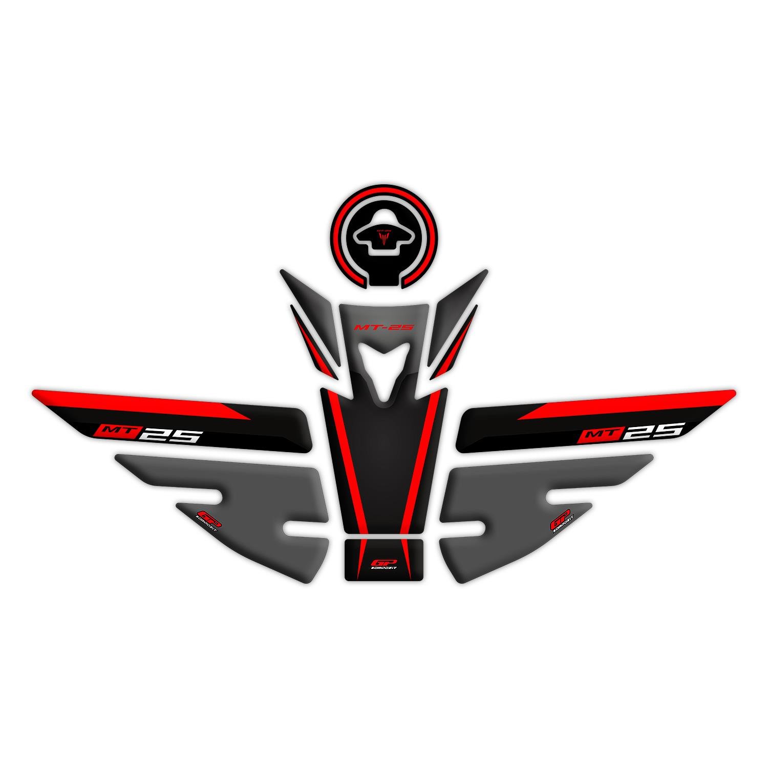 GP Kompozit Yamaha MT-25 2015-2019 Uyumlu Tank Pad Seti Siyah-Kırmızı