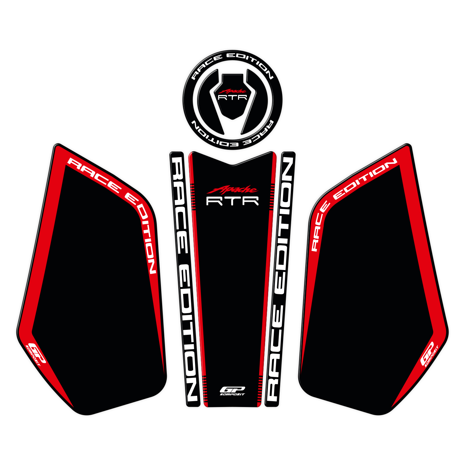 GP Kompozit TVS Apache RTR 200 2024 Uyumlu Tank Pad Seti Siyah - Kırmızı