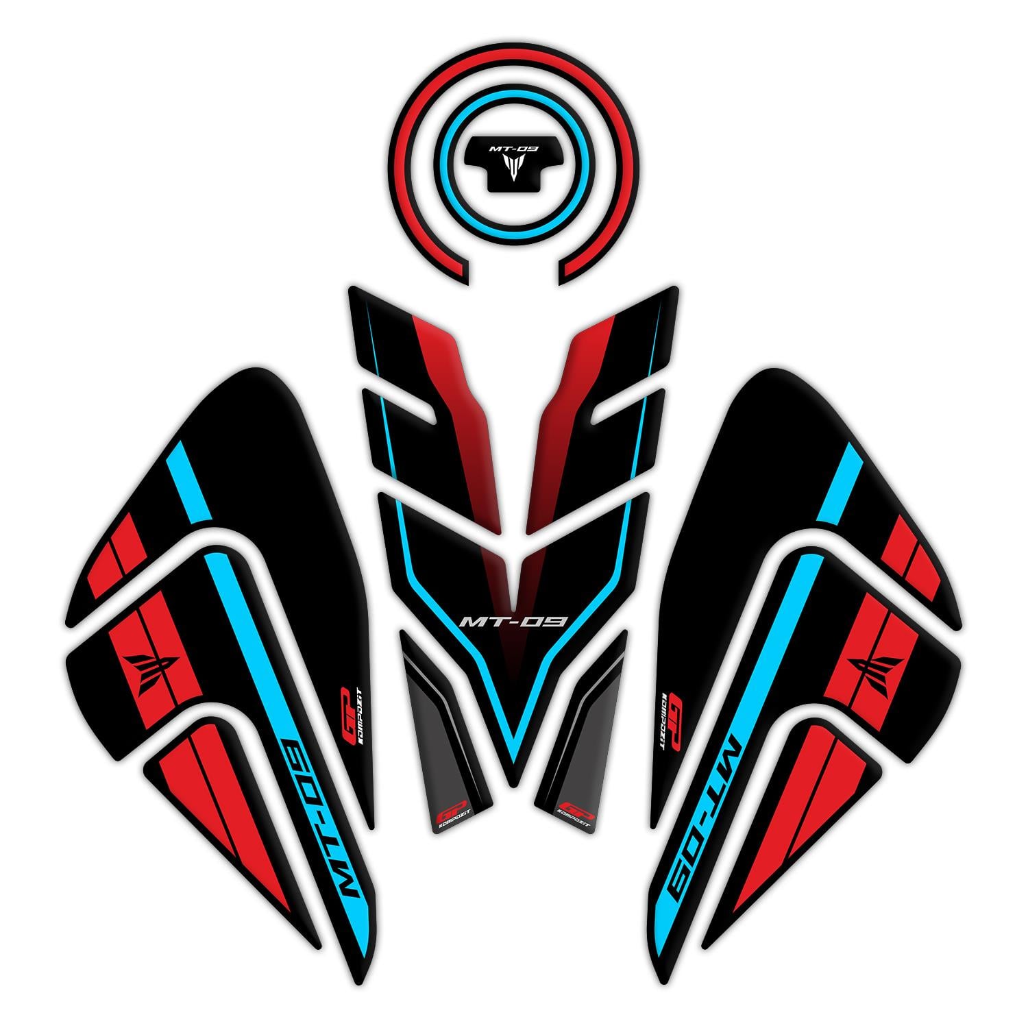 GP Kompozit Yamaha MT-09 2021-2023 Uyumlu Tank Pad Seti Kırmızı-Gri