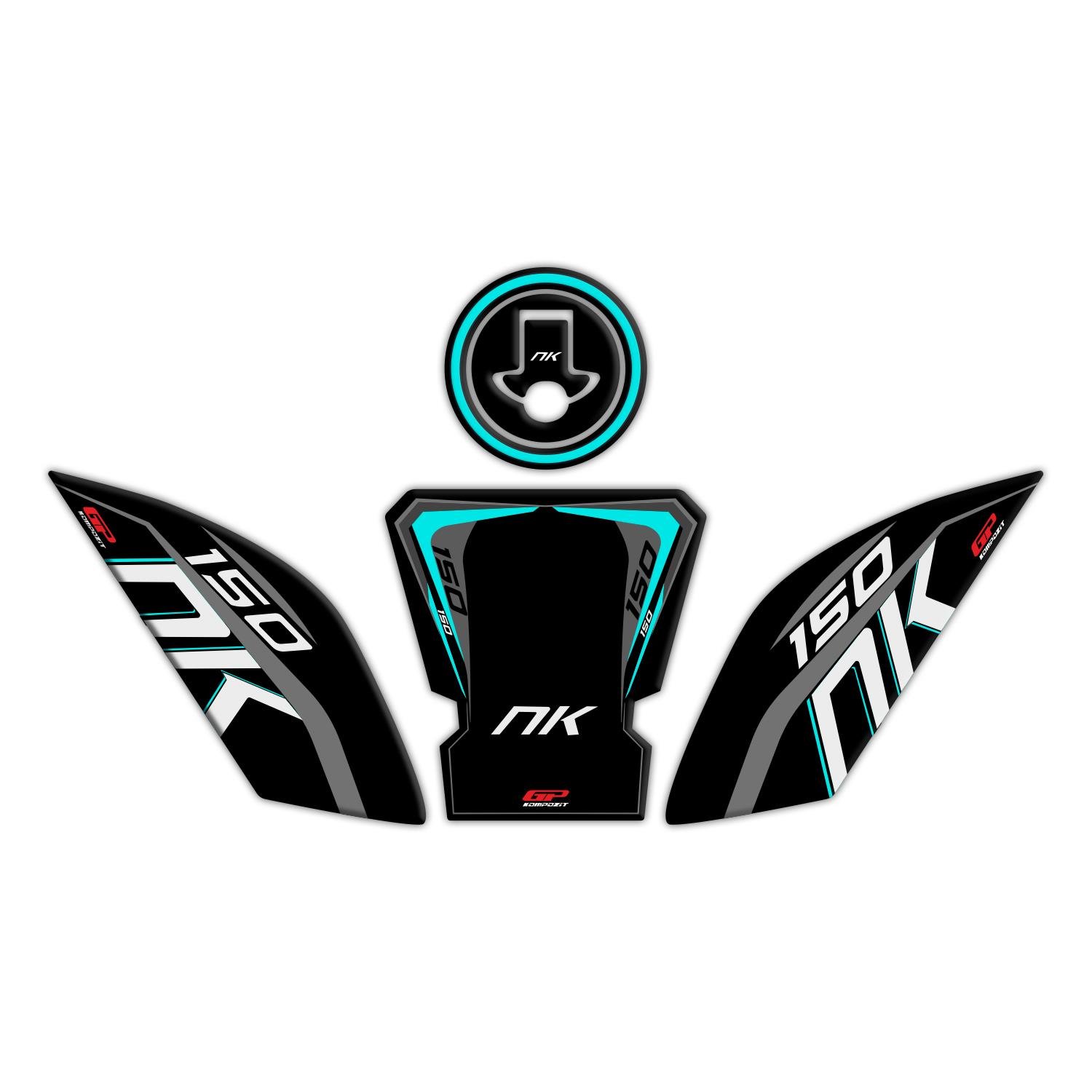 GP Kompozit CF Moto 150 NK 2016-2022 Uyumlu Tank Pad Seti Siyah-Turkuaz