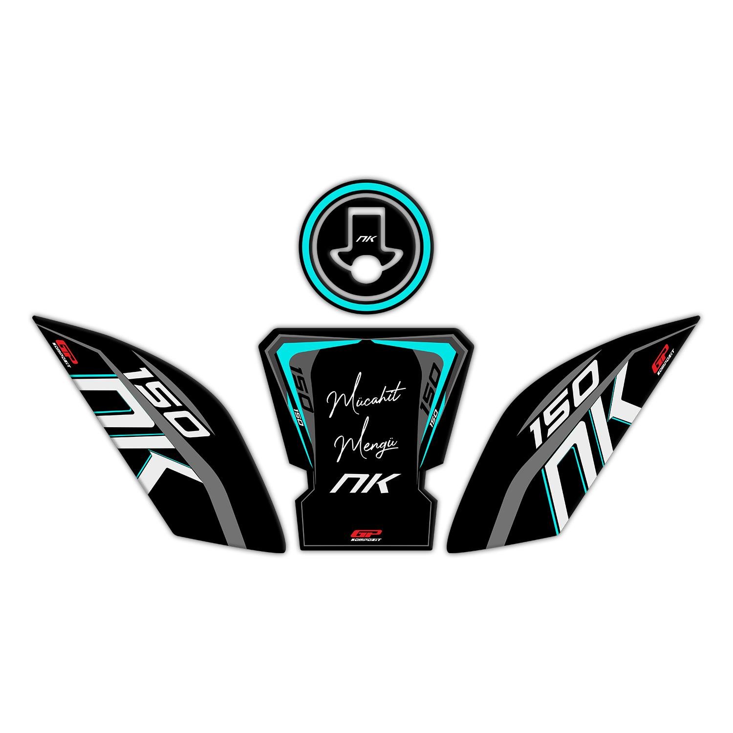 GP Kişiye Özel CF Moto 150 NK 2016-2022 Uyumlu Tank Pad Seti Siyah-Turkuaz