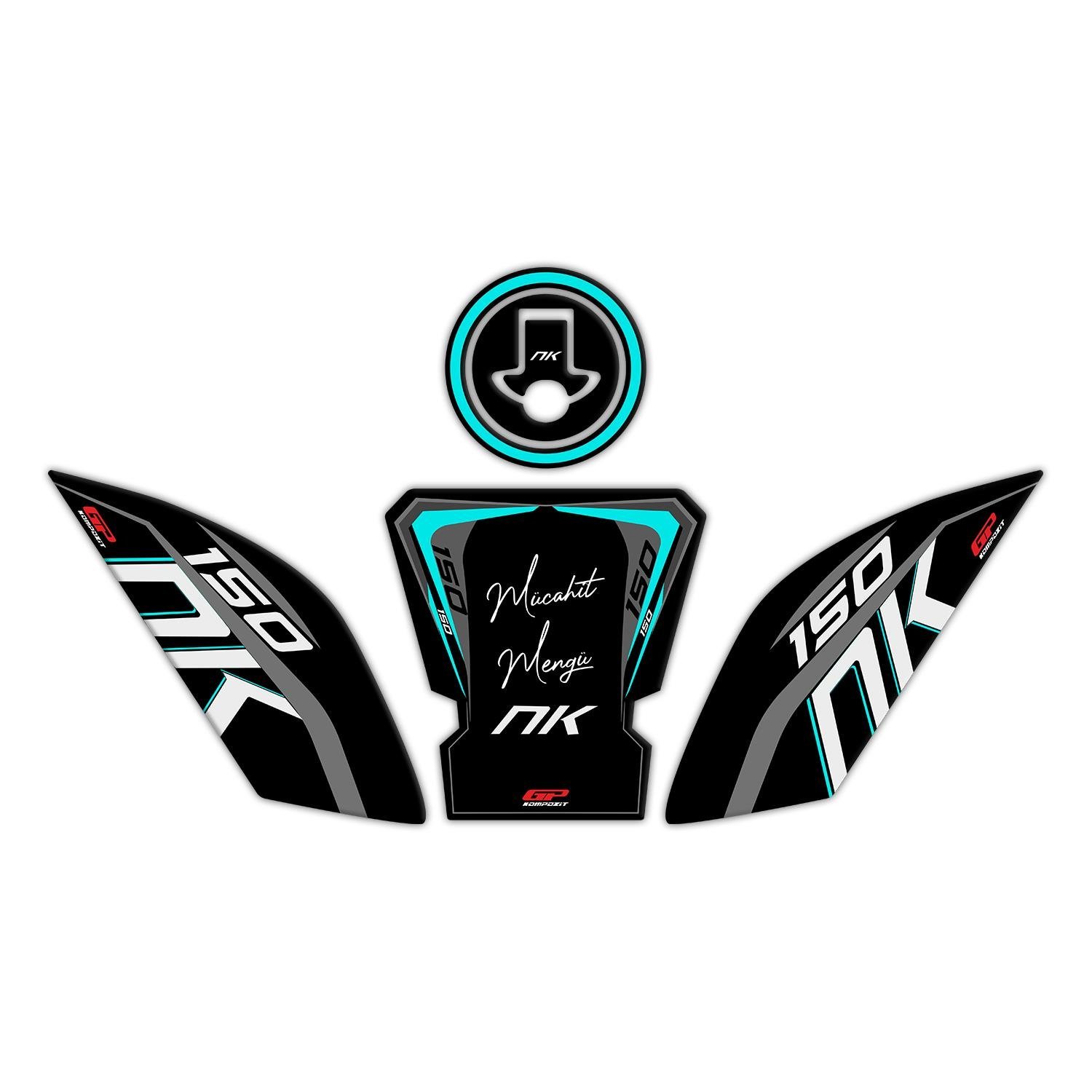 GP Kişiye Özel CF Moto 150 NK 2016-2022 Uyumlu Tank Pad Seti Siyah-Turkuaz