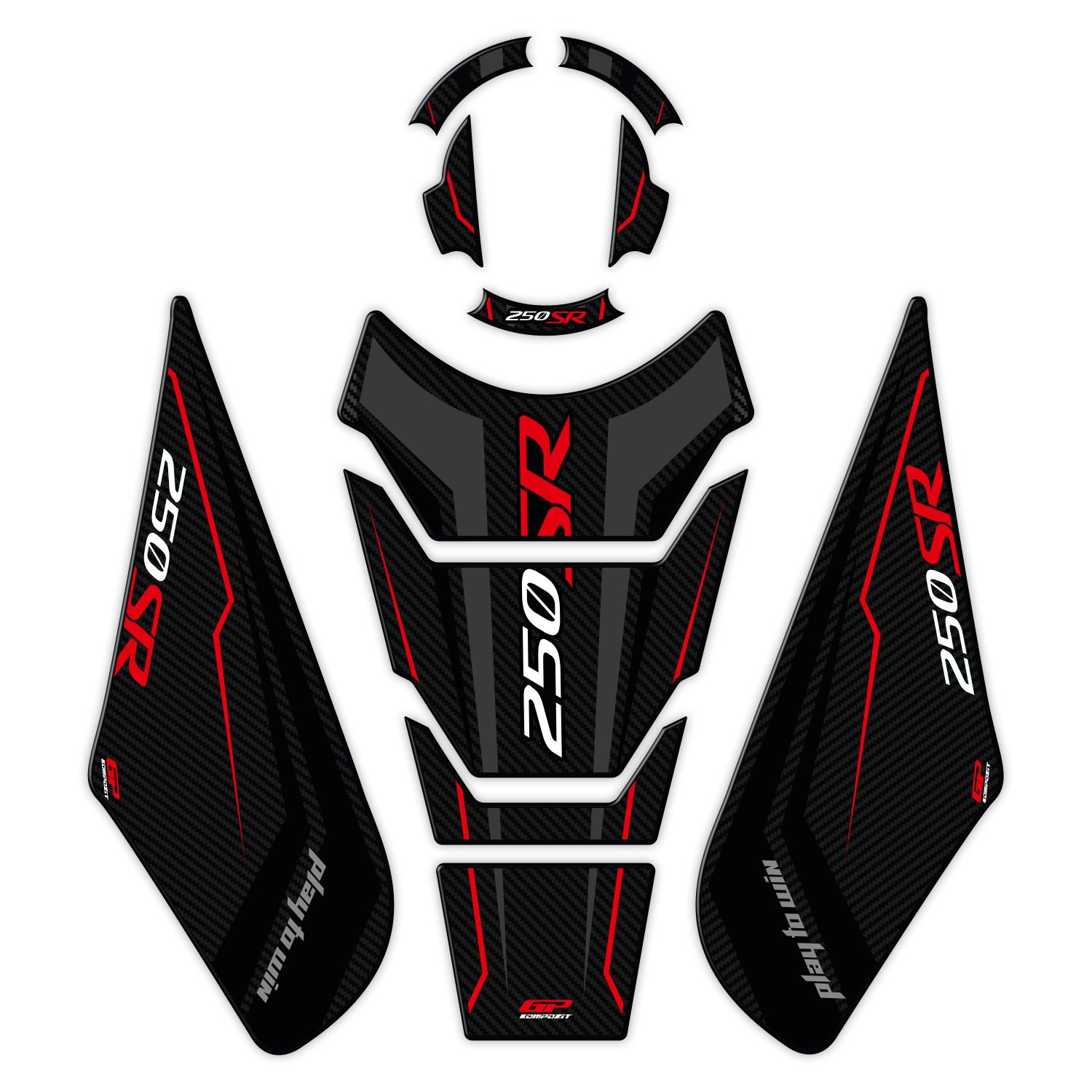 GP Kompozit CF Moto 250 SR 2020-2026 Uyumlu Tank Pad Seti Siyah - Kırmızı