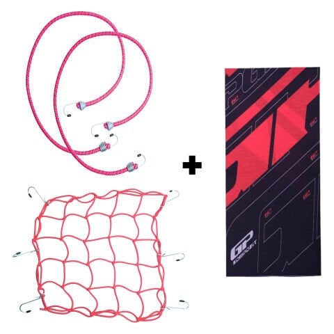 GP Kompozit Kırmızı Kask Filesi + 2 li Bagaj Lastiği + Buff