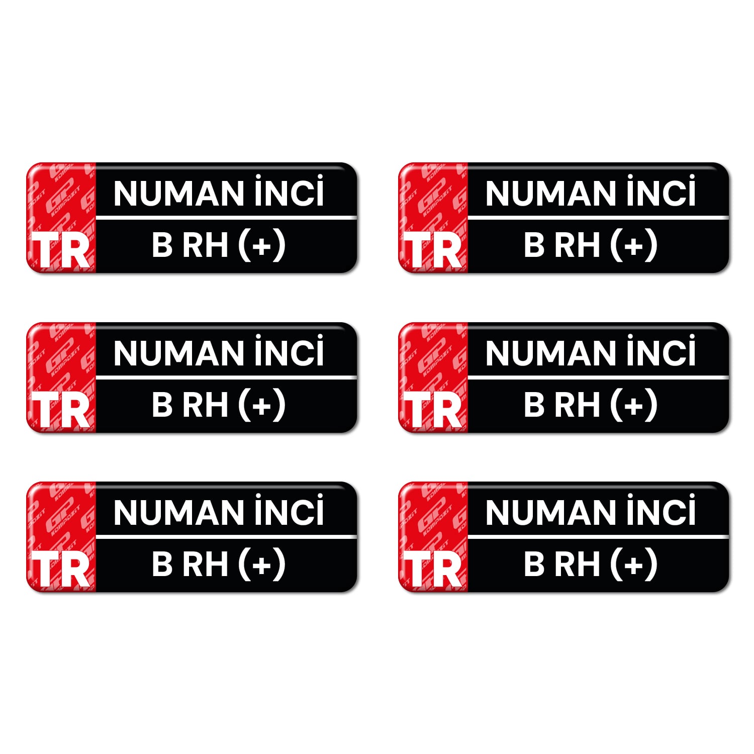 GP Kompozit Kişiye Özel İsim ve Kan Grubu Damla Sticker 6 Adet Siyah Beyaz