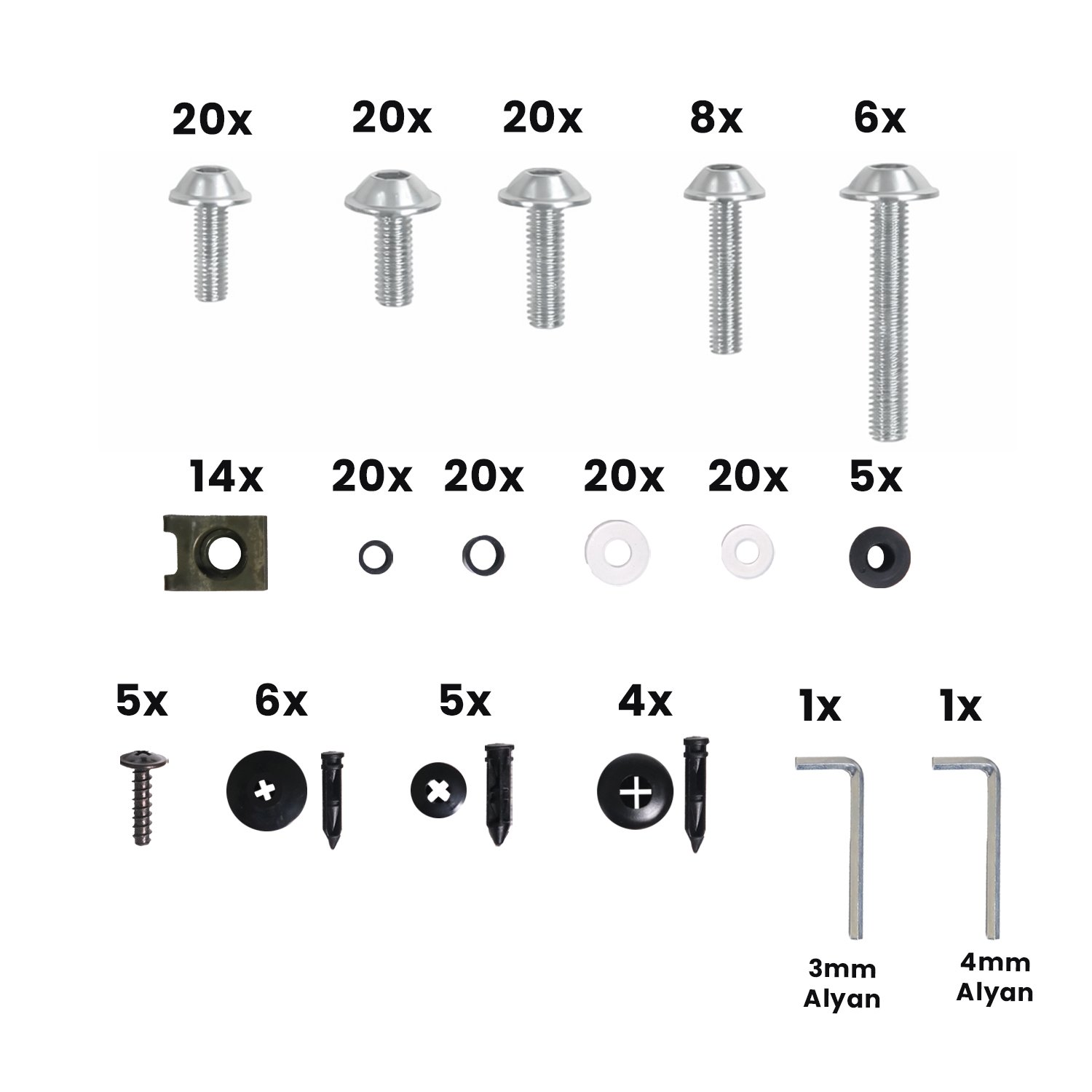 GP Kompozit Universal 195 Parça Racing Motosiklet Kaporta Grenaj Vida Seti Gümüş